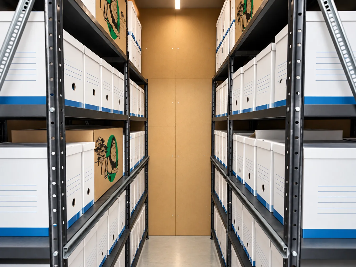 Étagères de cartons d'archives dans un box All Box